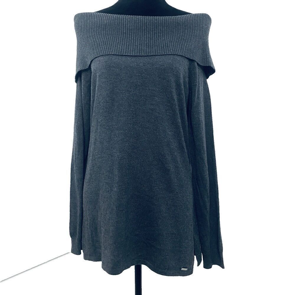 Calvin Klein Gray Foldover Off Shoulder Long Sleeve Knit Sweater Women's Medium